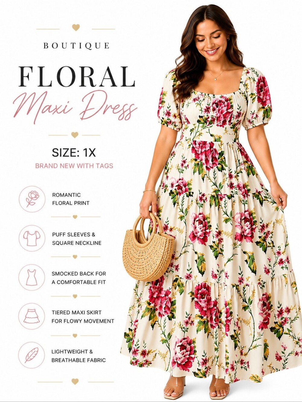 Floral Maxi Dress in Cream with Pink Blooms Size 1X - Picture 5 of 5